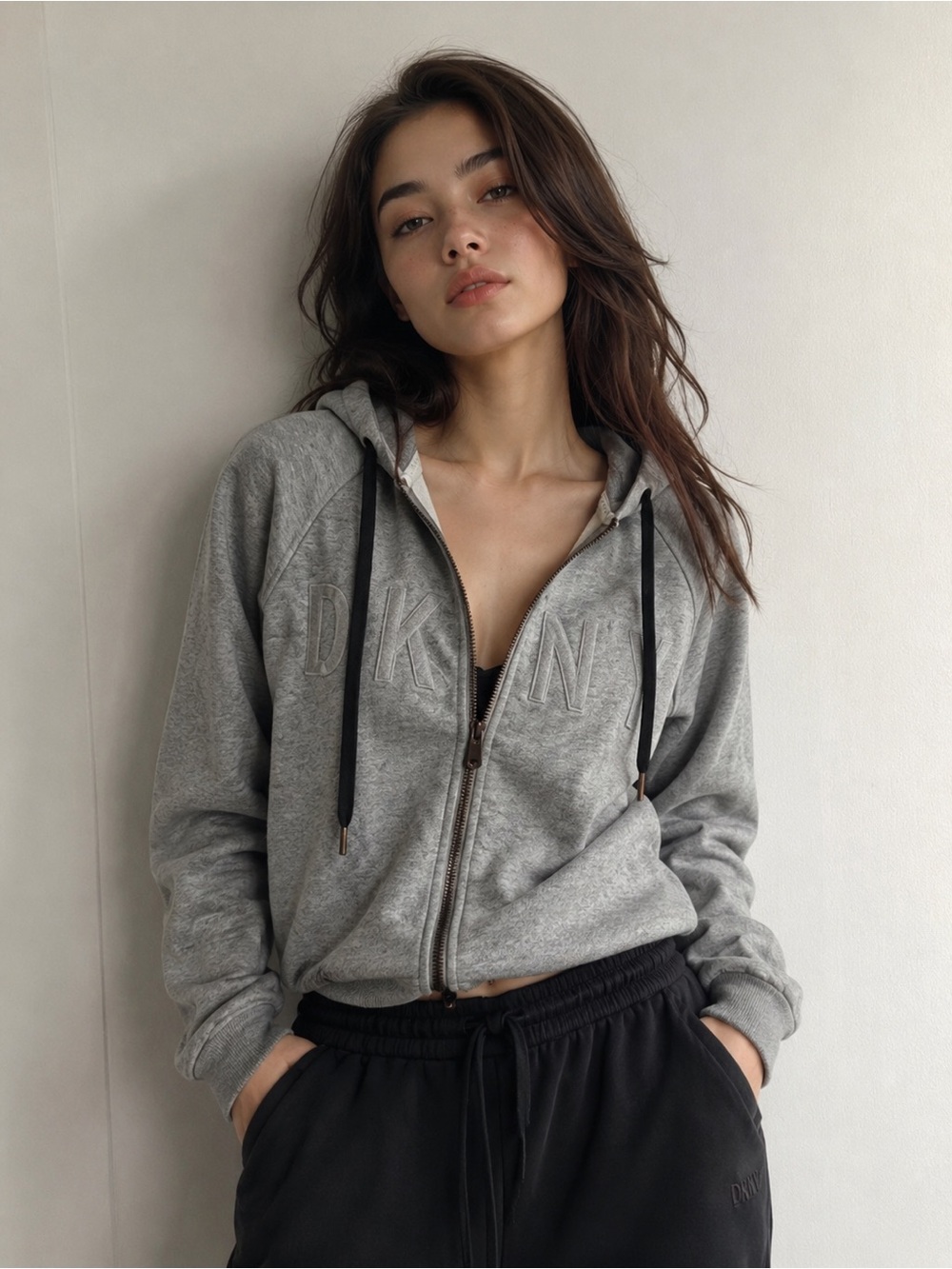 DKNY Light Gray Zip Hoodie with Black Drawstrings